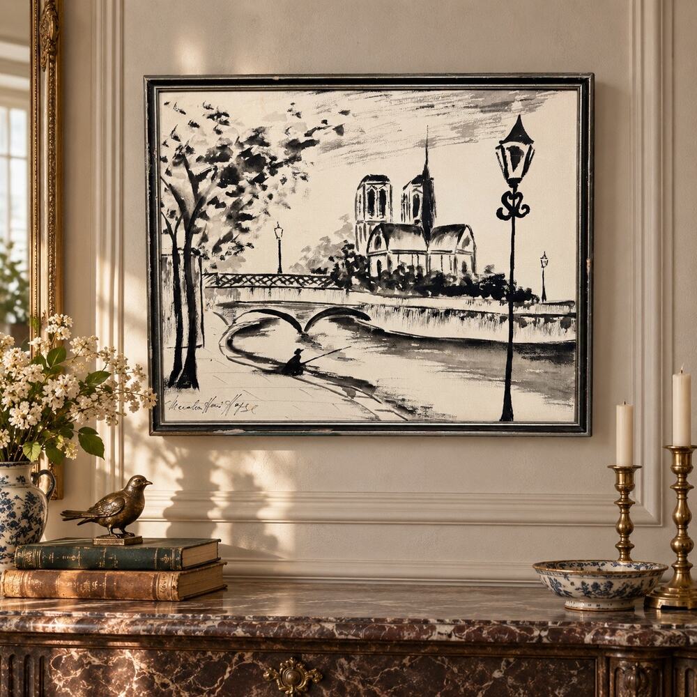 Vintage Original Paris Notre Dame Ink Wash Painting Signed Framed 20.5x25